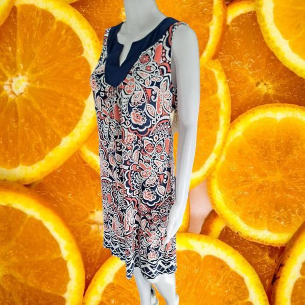New Saint John's Bay Paisley Blue‎ and Pink with V Neck Collar Dress Size Small